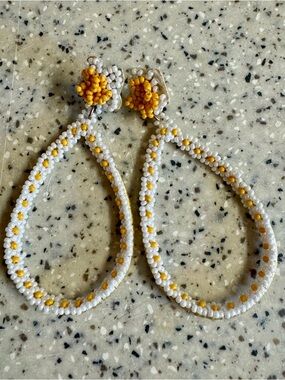 Handmade White and Yellow Beaded Teardrop Earrings